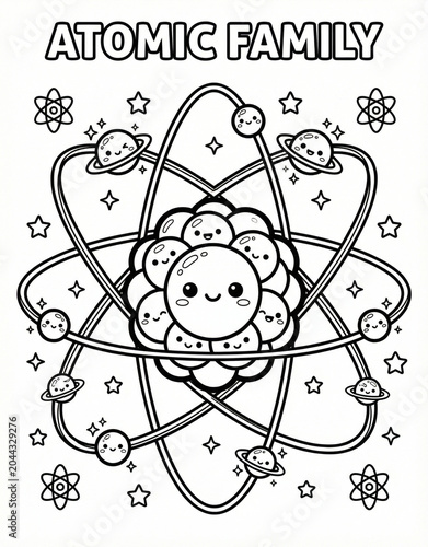 Cute atom model mascot with busy orbiting electrons, physics and chemistry science cartoon outline illustration for kids coloring book.