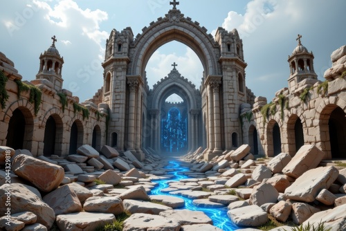 Ancient Cathedral Entrance with Mystical Blue Portal and Ruins