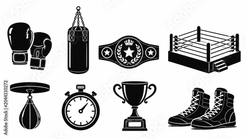 Set of black and white boxing icons featuring gloves punching bag championship belt and a trophy
