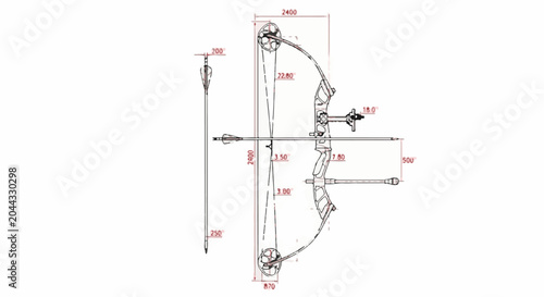 Technical drawing of a compound bow and arrow with dimensions