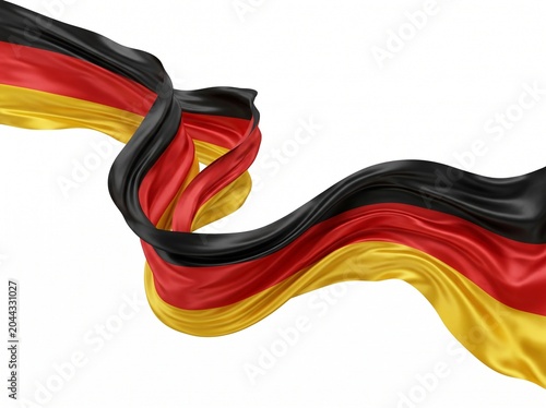 Glossy flowing silk ribbon with vibrant red, black and yellow colors in elegant wave motion