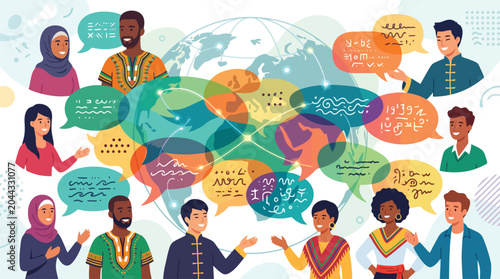 Global communication and diversity concept, multicultural people talking with speech bubbles, international language exchange vector illustration