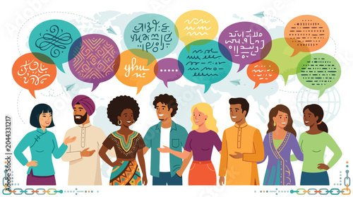 Diverse multicultural people talking with colorful speech bubbles, global communication and language translation concept, flat vector illustration