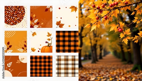 A harmonious blend of autumnal hues and nature inspired patterns against a backdrop of an idyllic autumn landscape
