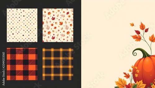 A collection of fall themed fabric swatches displayed against a background that includes autumn leaves and a pumpkin, evoking a cozy, seasonal atmosphere.