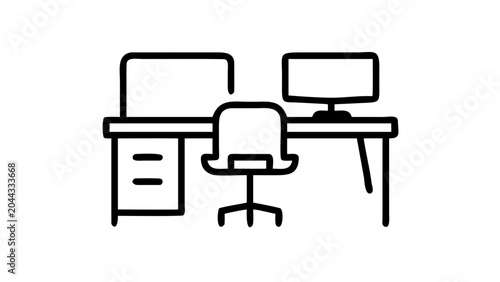 Hand drawn desk with computer and chair icon