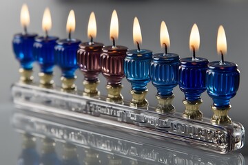 Lit Chanukah Menorah with blue and red candles with glowing on a reflective surface.