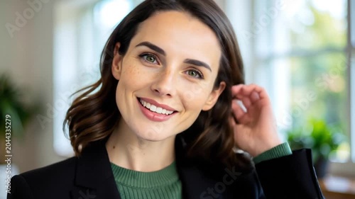 Smiling professional woman portrait in bright office setting.