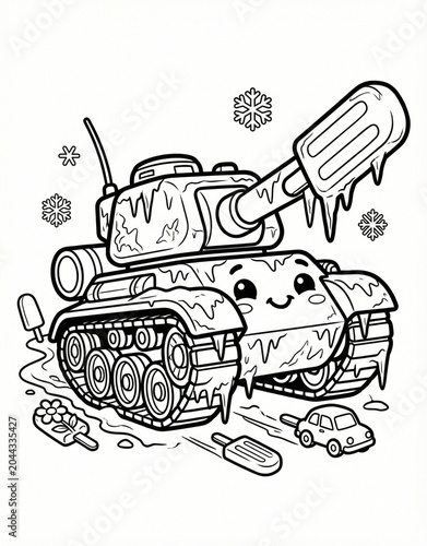 Cute frozen tank mascot with liquid nitrogen theme and ice cream, science chemistry cartoon outline illustration for kids coloring book.