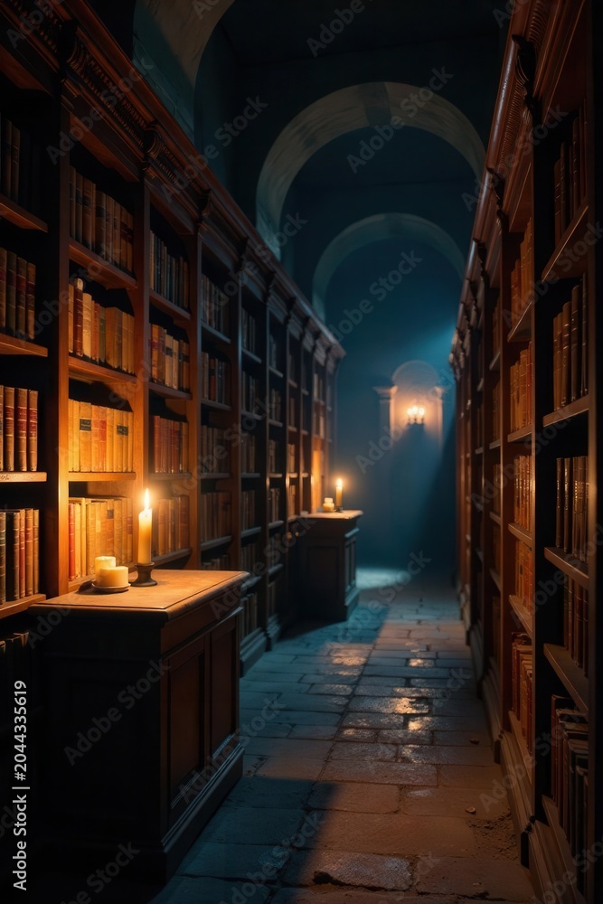 Fototapeta premium Dusty, candlelit library; ancient tomes, shadowed shelves, leather-bound, ambiance, history