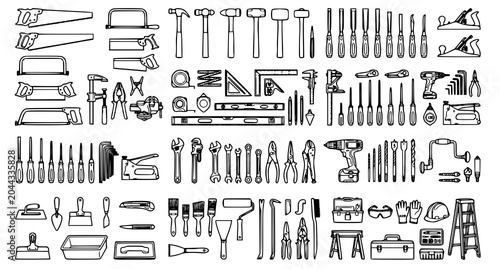 Принти на полотні Hand tools collection sketch hammers saws wrenches screwdrivers pliers and more