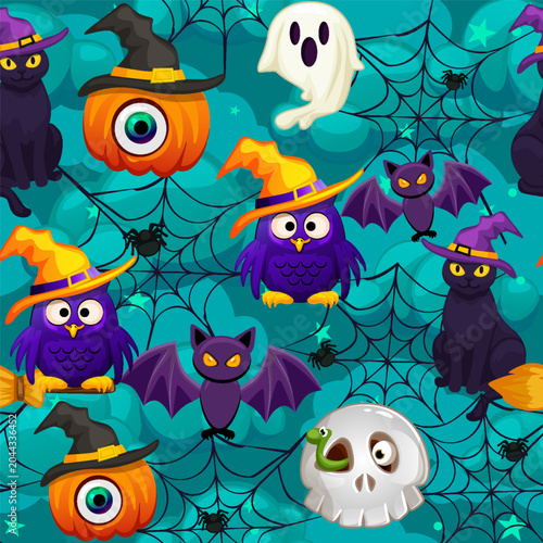 Halloween Seamless Spider Web Pattern with Ghosts Bats Owls and Skulls