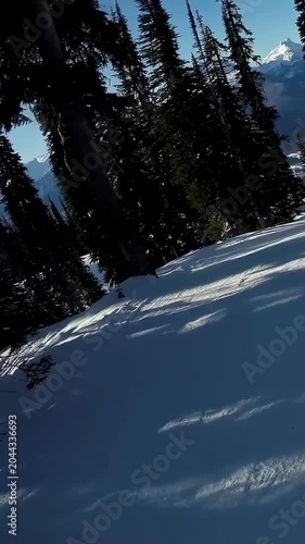Vertical video: Following cam descending run after skier launching off lip, showing skis and trees