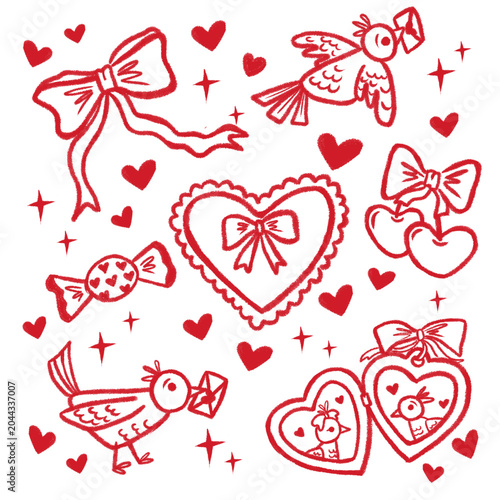 A playful collection of hand-drawn Valentine doodles featuring hearts, ribbons, cherries, candies, love letters, love, pendant, and charming birds in red monochrome style