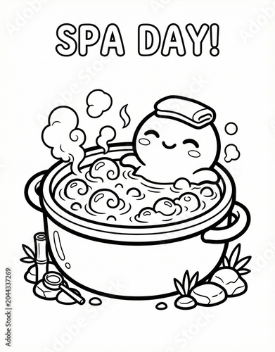 Cute lab oil bath mascot relaxing in a spa, science experiment funny cartoon outline illustration for kids coloring book.