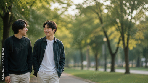 Happy young man talking and walking in park
