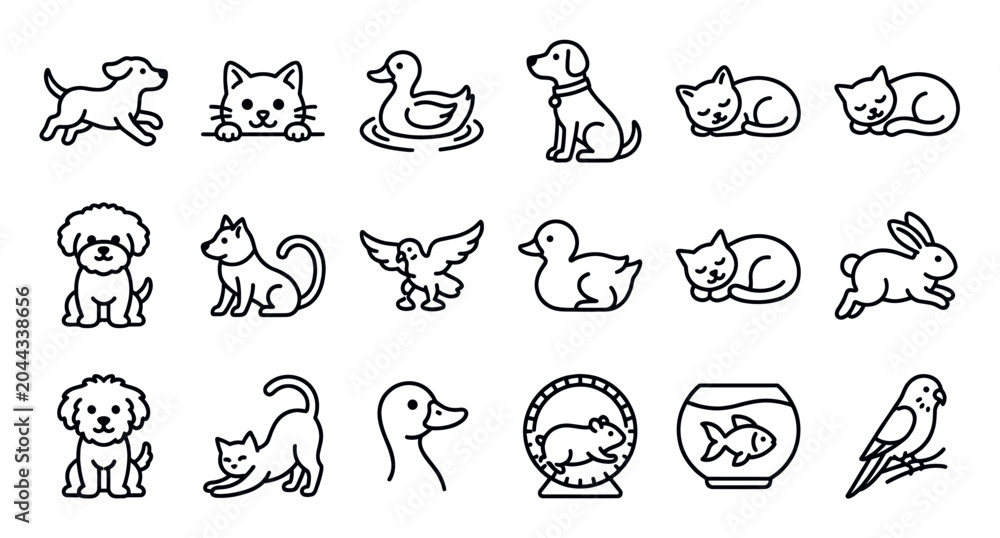 Fototapeta premium Diverse collection of simple black outline pet icons on a clean white background, featuring various animals in different poses