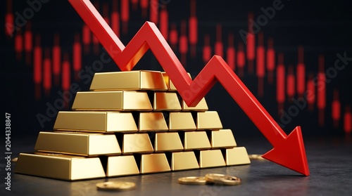 Financial crisis warning: gold market decline with red arrow and bullion, illustrating investment risk, economic recession for business reports and finance.