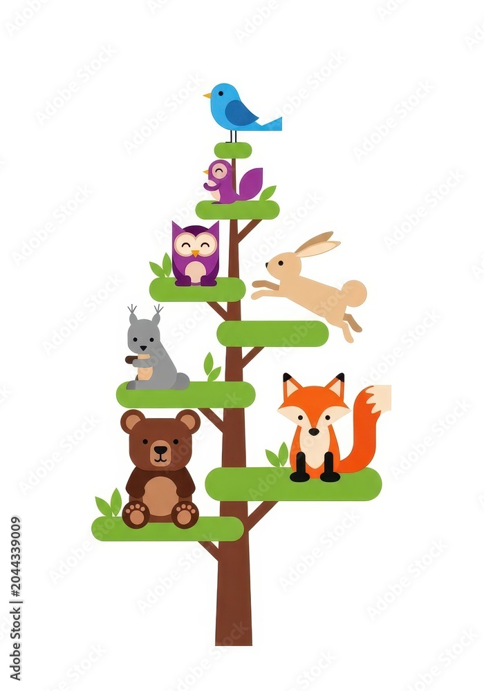 Fototapeta premium Cute Forest Animals Illustration on a Stylized Tree with Bear, Fox, Rabbit, Owl, and Squirrel in Flat Design Style