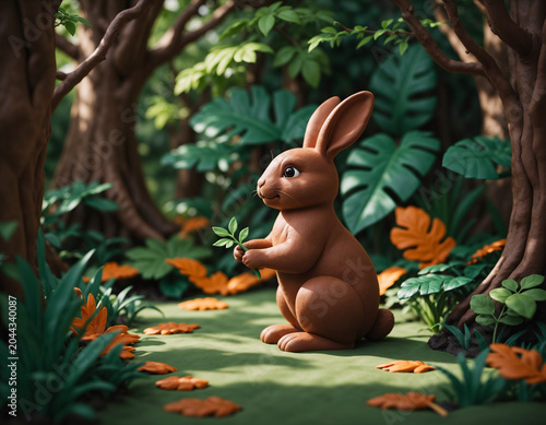 Cute clay rabbit in colorful clay forest scene

