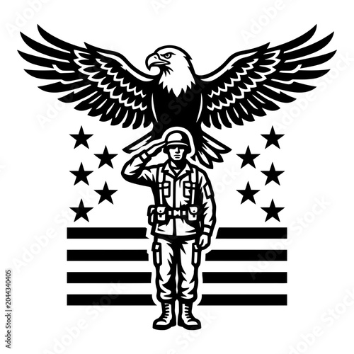 Soldier with eagle and patriotic flag design