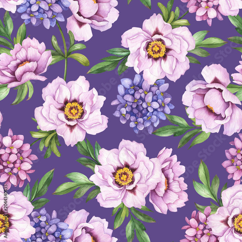 Hand drawn seamless pattern with watercolor flowers and leaves. Print with peonies and iberis, colorful floral elements on purple background, surface design.