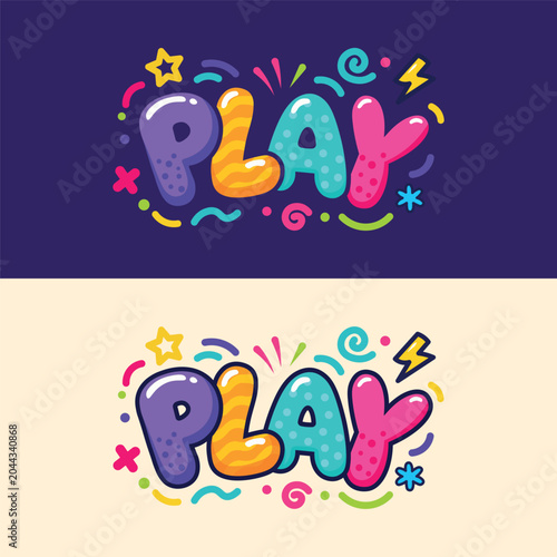 Colorful Play Word Typography Vector with 3D Bubble Letters and Fun Doodle Elements