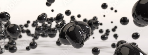 Dynamic black liquid drops and abstract spheres, a glossy fluid 3D render against a clean white background, perfect for modern design.