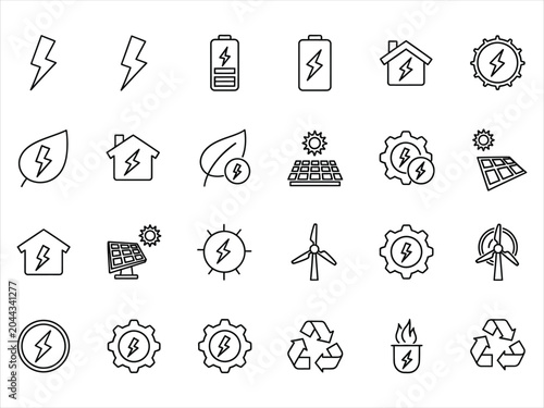 Renewable energy icons set solar wind lightning and battery power line art