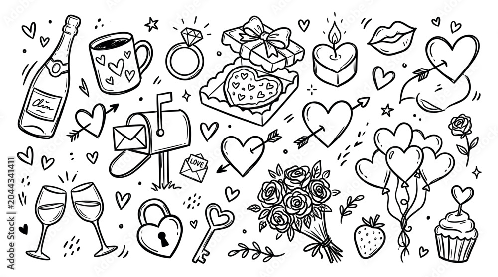 Fototapeta premium Collection of hand-drawn Valentine's Day themed doodles including hearts, champagne, gifts, and flowers on a white background