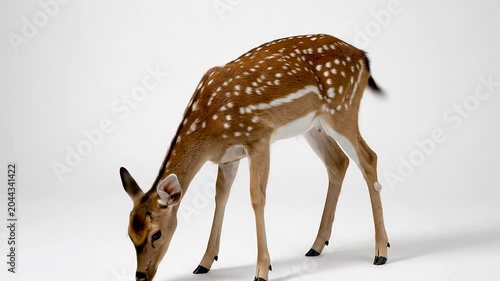 Young spotted deer standing on white studio background