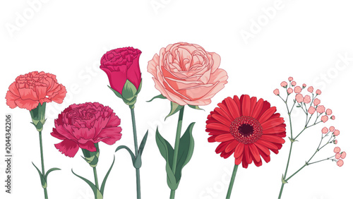 Obraz na plátně Beautiful bunch of red and pink carnation flowers with green stems in a simple p