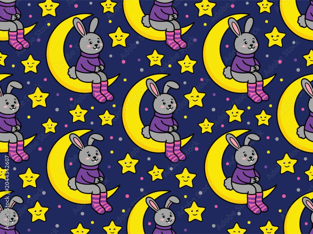 Fototapeta premium Cute Bunny on Crescent Moon Seamless Pattern with Winking Stars in Dark Night Sky for Kids Nursery Wallpaper and Textile Design