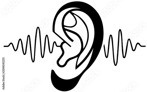 Quadro su tela Hearing loss and sound wave frequency icon with ear canal listening device heari