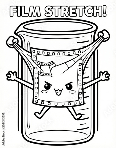 Cute parafilm mascot stretching to seal a beaker, chemistry science cartoon outline illustration for kids coloring book.