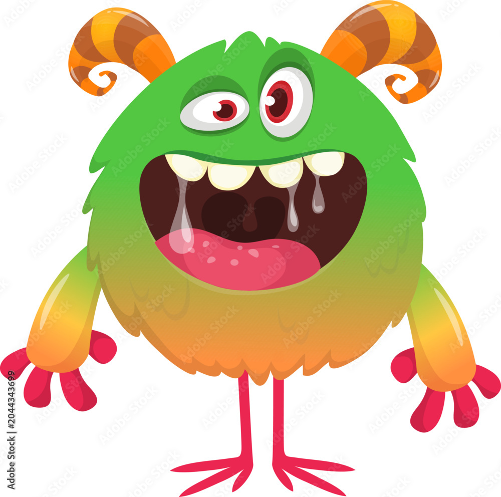 Fototapeta premium Cartoon cute and funny monster creature character design with scary horns and face expression waving hands . Vector illustration. For Halloween party decoration or package design