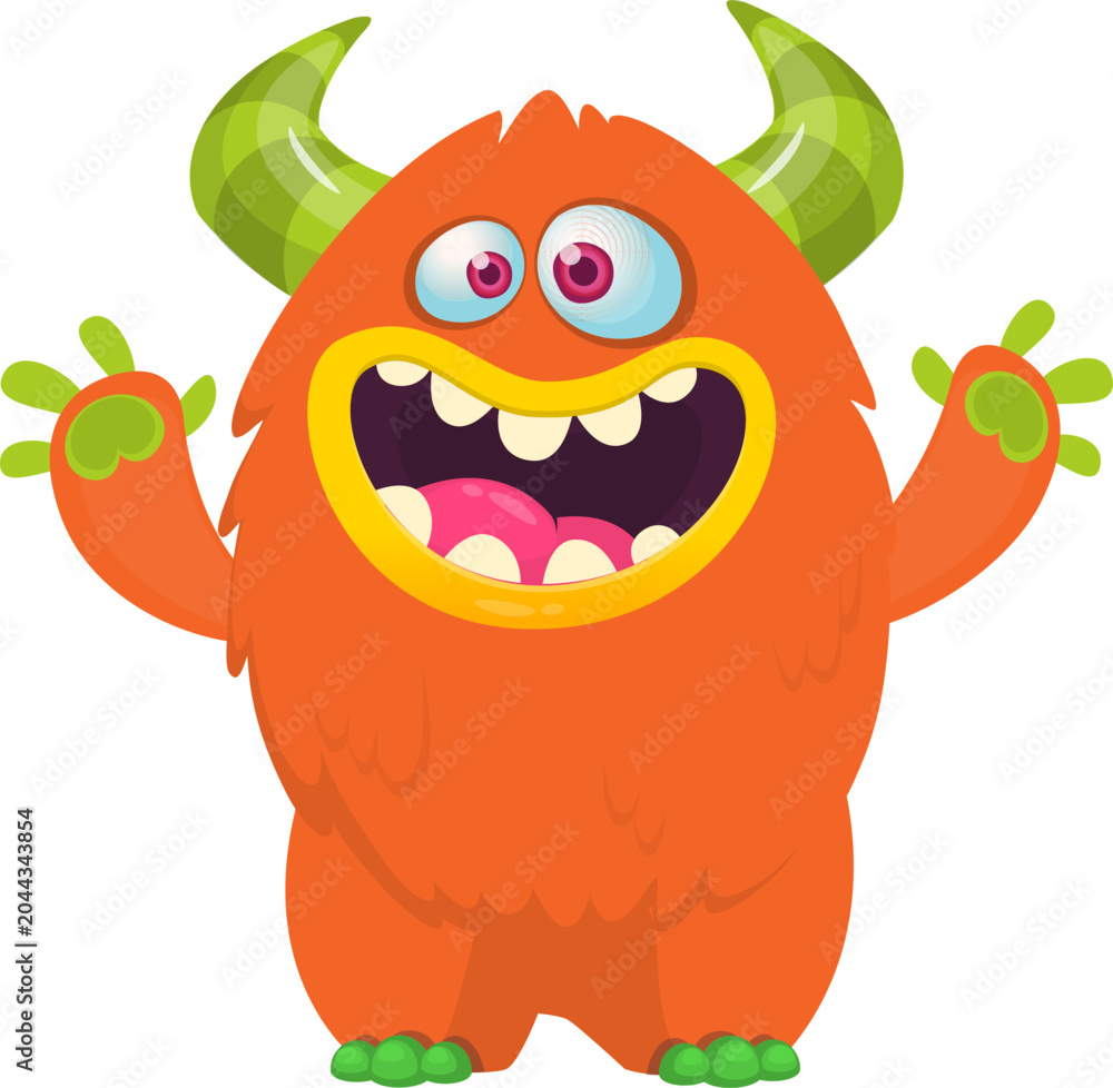 Fototapeta premium Cartoon cute and funny monster creature character design with scary horns and face expression waving hands . Vector illustration. For Halloween party decoration design