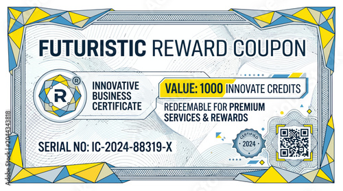 Futuristic Reward Coupon Certificate with QR Code and Value