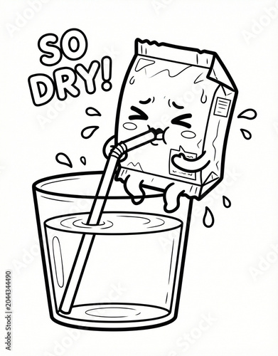 Cute silica gel packet mascot drinking water, chemistry science cartoon outline illustration for kids coloring book.