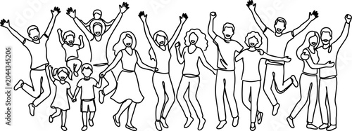 Photos Diverse group of happy people celebrating and jumping joyfully together in uniso
