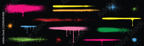 Foto Collection of various vibrant spray paint lines, drips, and ink splatters isolated on a black background for urban street art design elements