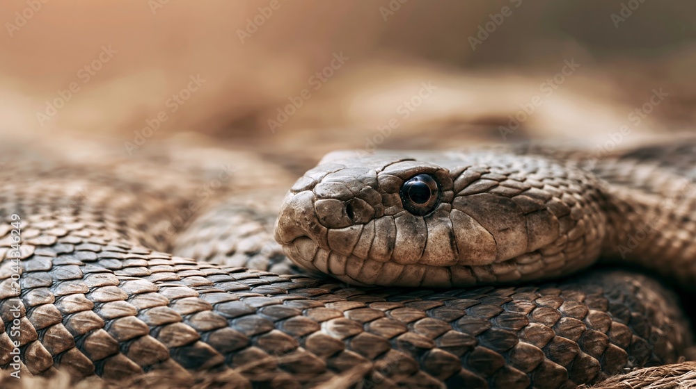 Obraz premium Snake head resting on coiled body, displaying detailed scales, eyes, and earthy tones with shallow depth