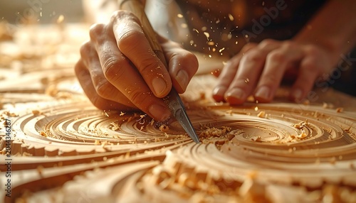 Hands carving intricate circular pattern into a piece of wood.
