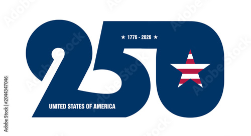USA 250th anniversary minimalist modern blue logo isolated on white or transparent background, png cut out. 250 years of the united States of America badge or icon flatlay illustration