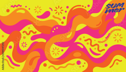Abstract summer background with playful flowing shapes and sunshine icons in vivid orange pink yellow colors for creative party flyer event poster or digital screen wallpaper graphic design project