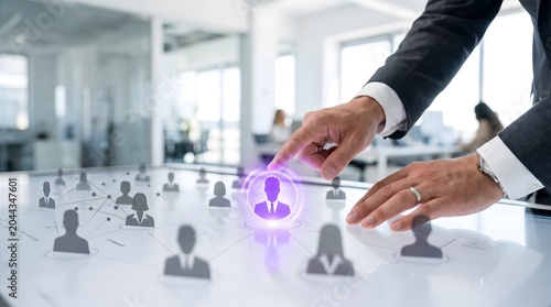 Businessman Selecting a Team Member from a Digital Network Interface on a Large Interactive Table