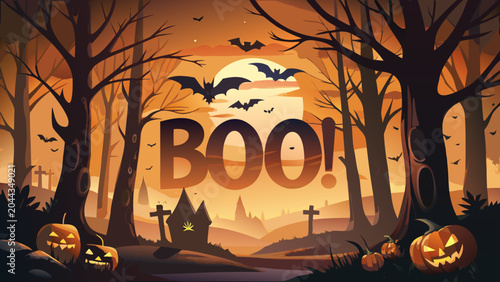 Quadro su tela Halloween, spooky, orange, vector, illustration, haunted forest, pumpkins, bats