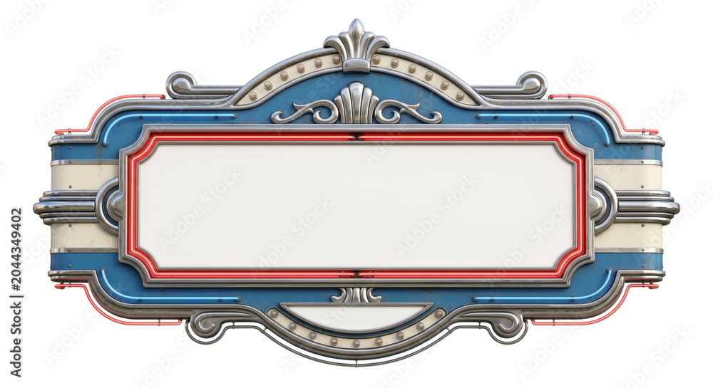 Fototapeta premium Retro art deco neon marquee blank sign board, isolated on transparent background