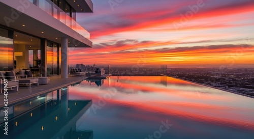Elegant modern architecture with an expansive infinity pool reflecting the vivid hues of a breathtaking sunset sky above a panoramic city view.