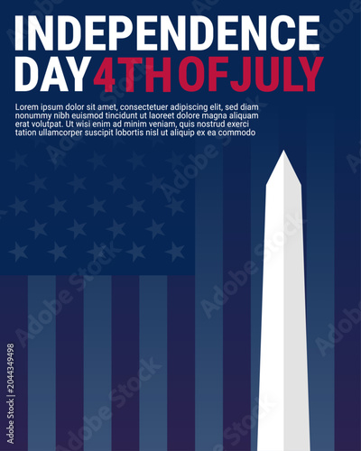 USA Independence Day poster template featuring the Washington Monument and an American flag pattern on a dark blue background.